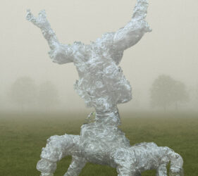 headless creature made out of discarded plastic bottles and containers
