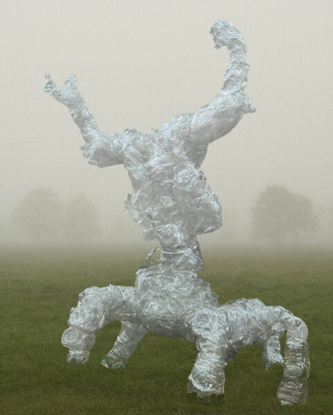 headless creature made out of discarded plastic bottles and containers