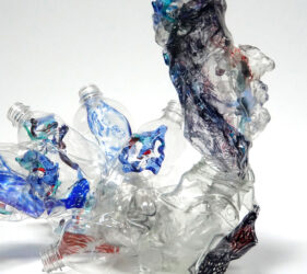 Warden has No Lock, 2023, cast, fused, and engraved, glass, heat-formed plastic bottles17”x10”x8”