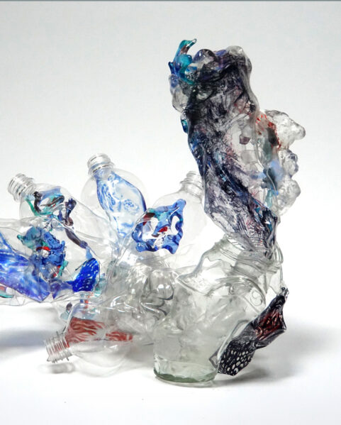Warden has No Lock, 2023, cast, fused, and engraved, glass, heat-formed plastic bottles17”x10”x8”